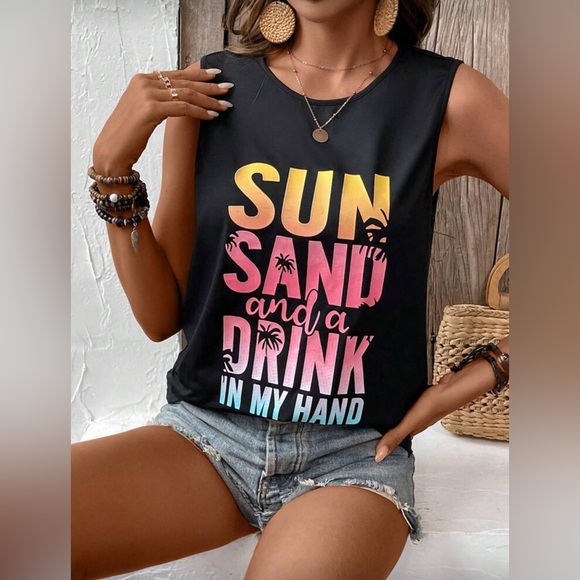 π Sun Sand and a Drink In My Hand Black Graphic Tank Top - Picture 5 of 5